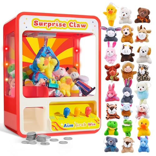 JOYIN Claw Machine Arcade Toy with LED Light & Adjustable Sound, Rechargable Dispenser Toys Mini Vending Machine for Kids, 24 Pack Mini Animal Plush Toy Assortment (24 Units 3" Each), Animals Keychain