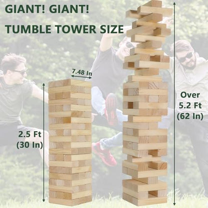 ApudArmis Giant Tumble Tower Stack to Over 5.2Ft, 60 PCS Pine Wooden Stacking Timber Tower,Classic Block Giant Outdoor Indoor Game for Adults, Fun Game at Backyard, Lawn, Party with Family & Friends - color: Burlywood