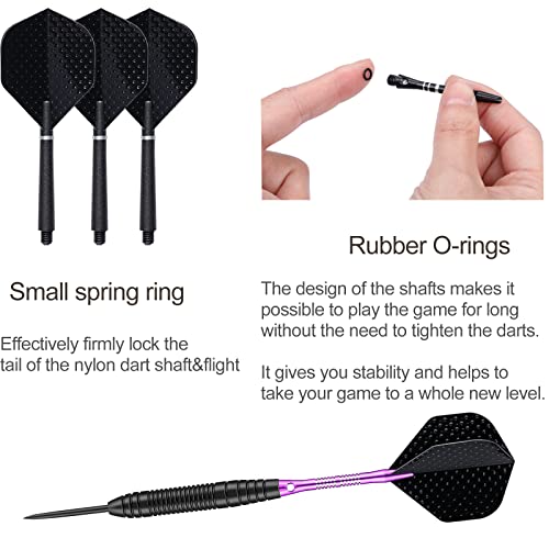 Darts Metal Tip Set - 3 Pack Professional 22 Grams Steel Tip Darts with Slim Case Black Purple Blue Aluminum Shafts 9 Flights 50 Rubber O'Rings 1 Dart Sharpener 12 Spring Rings - color: 22 Grams - purple