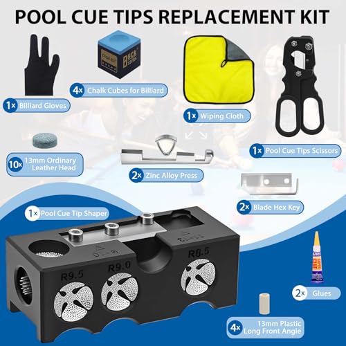 11-in-1 Billiards Pool Cue Tip Shaper, Pool Cue Tips Replacement Kit, Pool Cue Tips,Pool Cue Tip Tool for Replacement and Shaping Cue Tips - color: Black