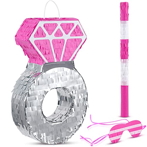 Deekin Pink Diamond Ring Piñata for Engagement Princess Piñata Bridal Bachelorette Party Supplies Wedding Theme Decoration with Blindfold and Stick, 15 x 10 x 3 Inches - style: Pink Diamond Ring
