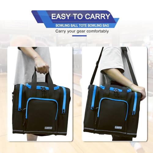 LARIPOP Bowling Ball Bag, Single Bowling Tote with Padded Ball Holder, Ventilated Shoe Pocket & Adjustable Shoulder Strap for Adult Bowlers Men Women - color: Black+TR Blue