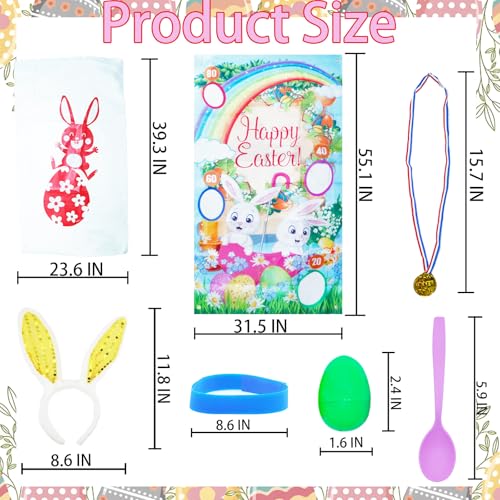 27 Pack Easter Outdoor Party Games for Kids, 4 Bunny Potato Sack Race Jumping Bags, 4 Egg and Spoon Games, Toss Banner and 4 Bean Bags, Legged Relay Race Bands, Easter Games Prizes Supplies