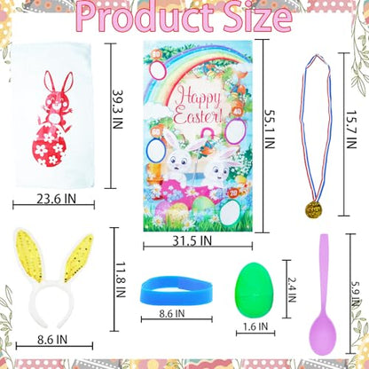 27 Pack Easter Outdoor Party Games for Kids, 4 Bunny Potato Sack Race Jumping Bags, 4 Egg and Spoon Games, Toss Banner and 4 Bean Bags, Legged Relay Race Bands, Easter Games Prizes Supplies