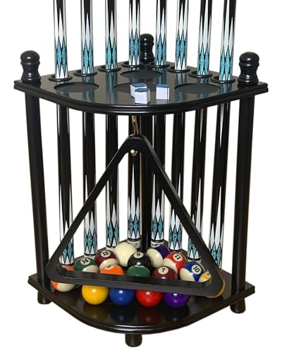 Floor Pool Cue Rack Hold 8 Cue Sticks & Billiard Accessories. Corner Stand Pool Cue Holder Made of 100% Solid Hardwood. Provided Ball Rack Hook. CUE RACK ONLY (Black) - color: Black