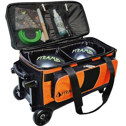 Pyramid Deluxe Double Roller 2 Ball Bowling Bag with Large Separate Shoe Compartment (Up To 2 Pairs Of Shoes) and Accessory Pockets, Sturdy Square Handle - Extends to 40" - Pro Options Available - color: Pro Black/Orange