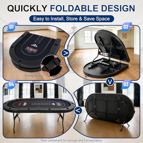 RAYKEEP LED Foldable Poker Table, 10 Players Folding Texas Holdem Blackjack Casino Table w/Inlaid 3-Color LED Light, Padded Rails & Cup Holders, Portable Card Game Table for Home Game Room & Parties - color: 84" Led