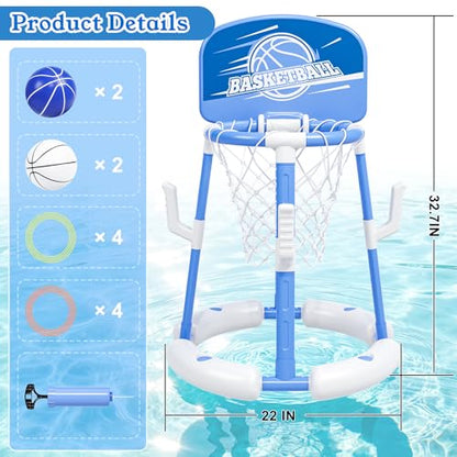 2 in 1 Pool Basketball Hoop with Backboard & Ring Toss Game,Floating Pool Toys with 4 Balls 8 Rings&Pump Summer Water Basketball Indoor Outdoor Toy Gifts Family Party for Kids Age 3-5 4-8 8-12& Adult - size: with backboard