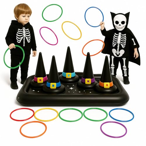 Soulchen Giant Halloween Ring Toss Games Carnival Games Inflatable Witch Hat Ring Toss with Weighted Bottom Witch Hat Rings for Kids Adults Halloween Party Carnival Classroom Outdoor Indoor School
