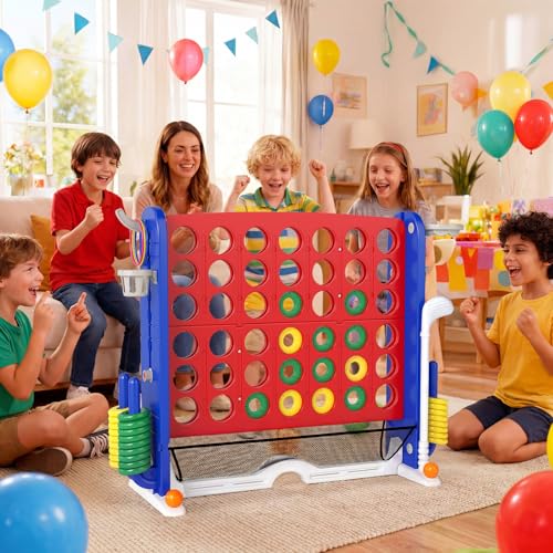 OLAKIDS Giant Connect Game Outdoor, 4 in A Row with Adjustable Height, Mesh Net, Carry Bag, Golf, Basketball Hoop, Ring Toss, Cup Holder for Kids Adults Indoor Backyard (Red) - color: Red
