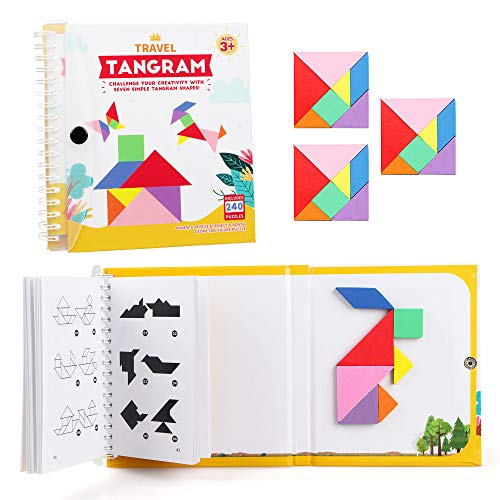 Vanmor Travel Tangram Puzzle - 3 Sets of Magnetic Tangram with 240 Solution - Montessori Shape Pattern Blocks Jigsaw Road Trip Games IQ Book Educational Toy Brain Teaser Gift for Kids Adults Challenge - style: 240 Solution