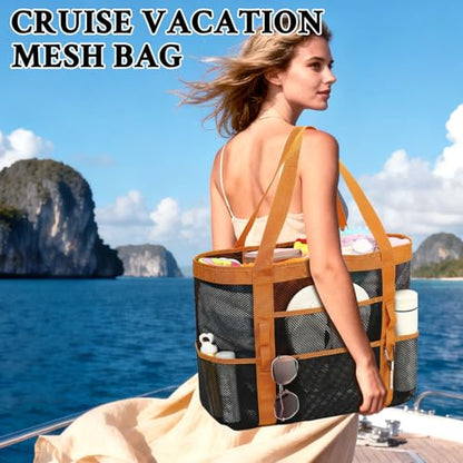 GYEUKHAM Mesh Beach Bag for Women, Sand-Resistant Pool Tote, 9 Pockets (1 Inner Zip), Foldable Family Travel Essentials - color: L-black2#