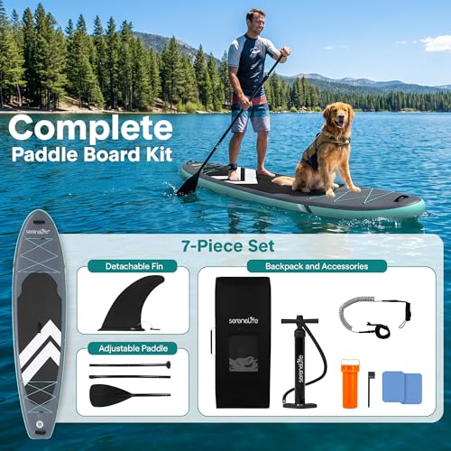 SereneLife 10’6” Inflatable Stand Up Paddle Board with Premium SUP Accessories - 32” Wide Stable Design with Non-Slip EVA Deck Pad, for Youth and Adults, 350 lbs. Capacity - color: Black