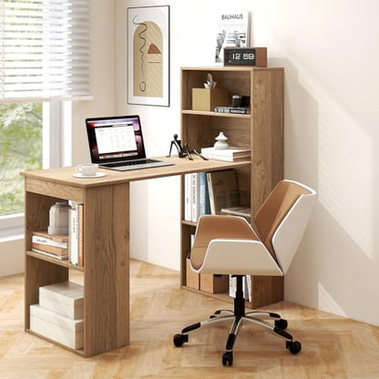 MEDIMALL Bookshelf Cabinet 3 in 1 Functional Table, Compact Workstation with Storage Shelf and CPU Holder Computer Desk Bookcase, Natural
