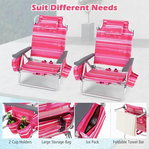 Tangkula Set of 4 Backpack Beach Chair, 5-Position Lay Flat Beach Chairs with Cooler Bag, 2 Cup Holders, Towel Bar, Lightweight Low Folding Beach Chair with Backpack Straps - color: Pink Stripe, style: 4 Pack