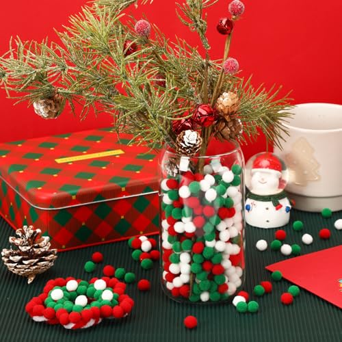 SEPGLITTER 1000 Pcs Christmas Red Green White Pom Poms Balls for Crafts | 1cm Mini Size, Christmas Puff Balls, DIY Crafts Making, Handmade Projects, Xmas Holiday Party Supplies Decoration - style: Red Green White Style