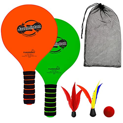 Jazzminton Paddle Ball Game Beach for Family and Friends - 2 Paddles, 2 Birdies, 1 Ball and Carry Bag – Wind Birdie Included for Windy Days
