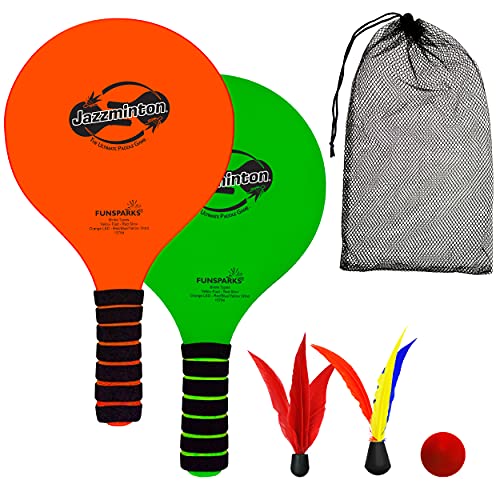 Jazzminton Paddle Ball Game Beach for Family and Friends - 2 Paddles, 2 Birdies, 1 Ball and Carry Bag – Wind Birdie Included for Windy Days