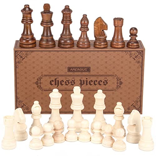 AMEROUS Wooden Chess Pieces Only with 2 Extra Queens / 3.0 Inch King/Storage Bag/Chess Instructions/Chessmen for Chess Borad/Replacement of Missing Pieces (NO Board)