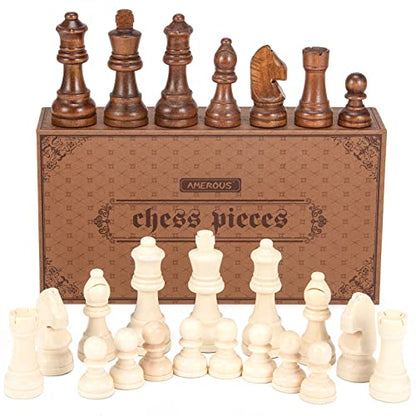 AMEROUS Wooden Chess Pieces Only with 2 Extra Queens / 3.0 Inch King/Storage Bag/Chess Instructions/Chessmen for Chess Borad/Replacement of Missing Pieces (NO Board)