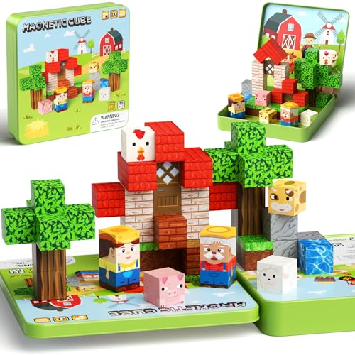 49 Pcs Farm Animals Magnetic Building Blocks Set for Toddlers 3-5, Travel Toys with Iron Storage Box, Magnetic Tiles & Cubes for Kids Ages 4-8, STEM Learning, Portable Play Base for Car Plane Trips - style: Farm Animals Magnetic Building Blocks Travel Set