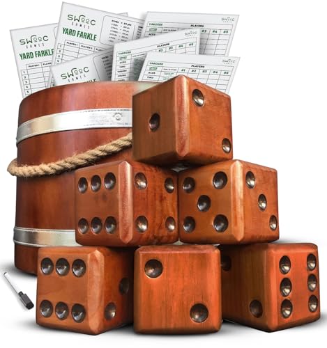 Swooc Games® - Yardzee, Farkle, & 20+ Giant Dice Games (All Weather) with Wood Bucket, 5 Scorecards, & Marker - Yard Dice Outdoor Game for Family - Giant Backyard Game Set - Outside Jumbo Lawn Fun - size: 2.5" Dice