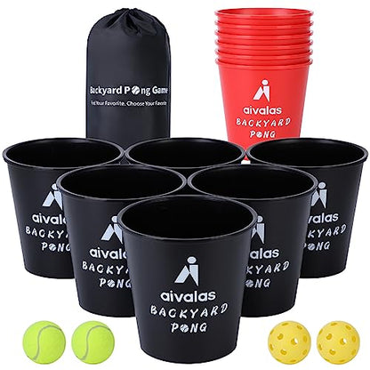 Aivalas Yard Pong Outdoor Games, Giant Yard Games Set with 12 Buckets and Balls for Adults and Family, Toss Game Throwing Games for Beach, Camping, Lawn and Backyard - color: Red/Black