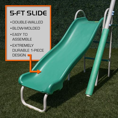 The Swing Company 600LBS Yonkers Metal Swing Set, Outdoor Backyard Playset Kids Aged 3-8 with 2 Swings, Glide Ride, Trapeze, 5ft Slide, Anchor Kit, 6ft Durable Steel Frame