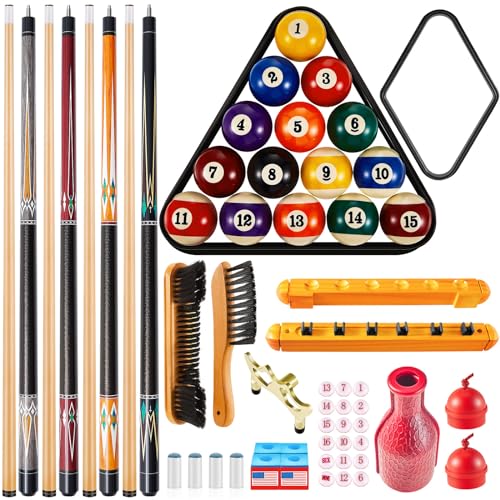 Liliful Pool Table Accessories Billiards Accessories Billiard Pool Balls with Triangle and Diamond Ball Holder Cue Chalks Pool Cue Tip Pool Sticks Pool Table Brush Set (Classic Style)