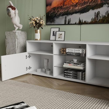 Media Storage Cabinet with LED Lights, Media Console with Adjustable Shelves, TV Console Stand for Household Gaming Spaces, White