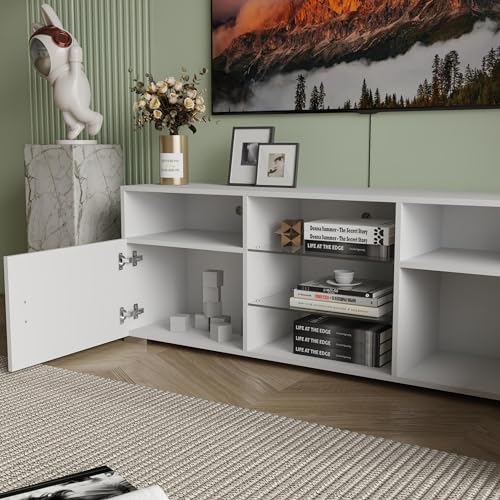 57" Remote RGB Light Media Storage Cabinet, Media Console with Adjustable Glass Shelves, TV Console Stand for Household Game Spaces, White