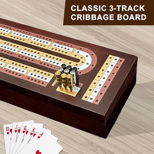 Cribbage Board Game Set, Premium Wooden Board with Magnetic Lock and Built-in Storage, 2 Playing Cards & 9 Metal Pegs, 3 Track Board for 2–3 Player, Travel Portable Game for Adults and Family - size: Classic