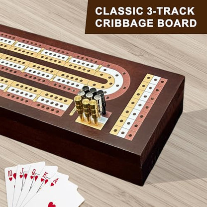 Cribbage Board Game Set, Premium Wooden Board with Magnetic Lock and Built-in Storage, 2 Playing Cards & 9 Metal Pegs, 3 Track Board for 2–3 Player, Travel Portable Game for Adults and Family - size: Classic