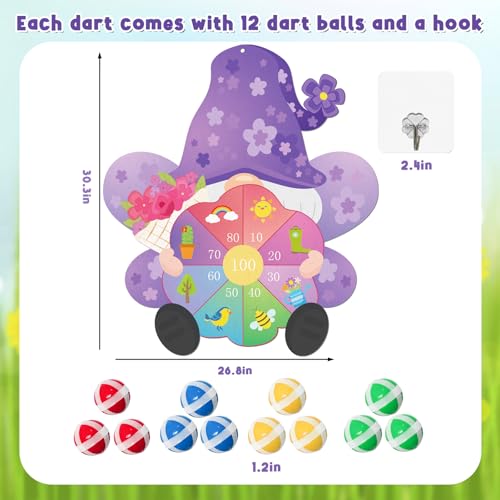 Yquqwn Large Spring Dart Board Game Flower Gnome Target with 12 Sticky Balls for Kids Spring Party Easter Games Indoor Outdoor Activities