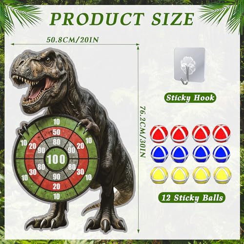 Dinosaur Themed Toss Game Banner with 12 Sticky Balls, 30” Large Dino Dart Board Game for Indoor Outdoor Games Dinosaur Birthday Party Supplies