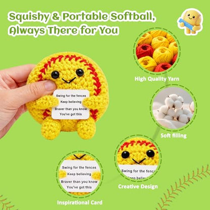 OkiyiD Mini Positive Yellow Softball Crochet Ornament – Knitted Wool Ball with Inspirational Card, Emotional Support Desk Decor for Women College Students, Stress Relief Gift for Graduation Birthday - style: yellow softball