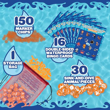 Pool Bingo Diving Game for Kids- Summer Party Fun Edition Toy- Dive & Call 30 Sinking Animal Themed "Numbers", Fill Your Card- 150 Marker Chips & 16 Double Sided Waterproof Play Cards & Carrying Bag - style: Animal