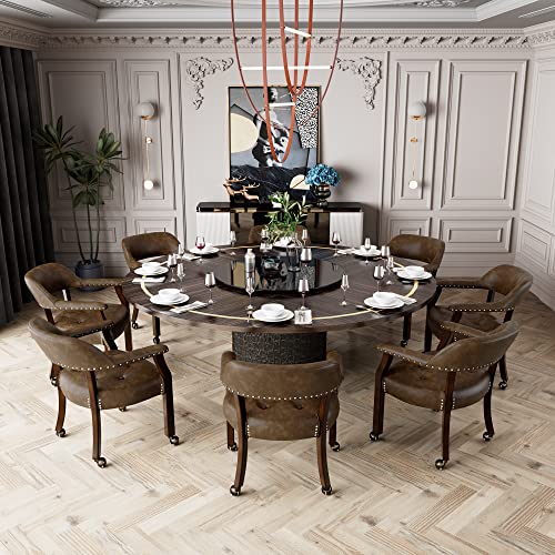 Set of 4 Dining Leather Chairs with Casters & Arms, Accent Captain Chair with Wheels, Roller Wood Wheeled Chairs for Kitchen & Game Poker Table,Espresso&Brown 1910BN(NO Table!) - color: Espresso&brown
