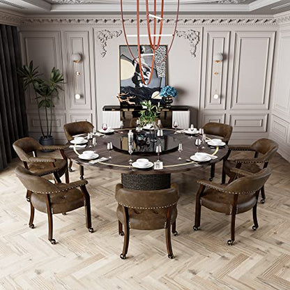 Set of 4 Dining Leather Chairs with Casters & Arms, Accent Captain Chair with Wheels, Roller Wood Wheeled Chairs for Kitchen & Game Poker Table,Espresso&Brown 1910BN(NO Table!) - color: Espresso&brown