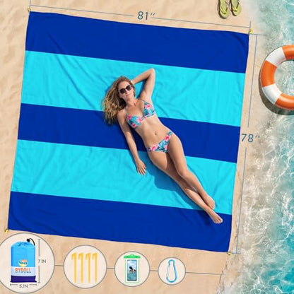 BYDOLL Beach Blanket Waterproof Sandproof Large Sand Free,78''X81''/10'X9' Oversized Sandless Lightweight Blanket Picnic Mat for Beach Travel Camping Hiking with Stakes - color: Blue2 Mix, size: 10'X9'