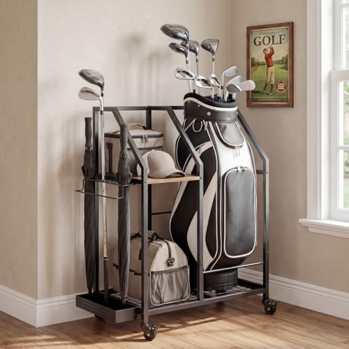 Golf Storage Organizer for Garage,Golf Bag Storage Rack | Smooth Rolling Wheels, Multi Storage Zones, Holds Golf Bags & Clubs, Heavy-Duty Frame, Space-Saving Garage Organizer
