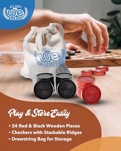 WE Games Wooden Checkers Pieces with Drawstring Storage Bag - 24 Checker Pieces Only - Red & Black, 2-inch Diameter - size: 2 inch diameter