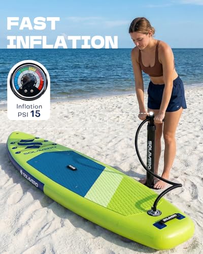 SOLAVERO 10'6" Inflatable Paddle Board for Adults, Stand Up Paddle Board with Premium SUP Accessories,Anti-Slip EVA Deck for Youth & Adults of All Skill Levels - color: Simple Green
