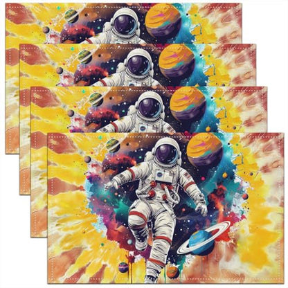 Cartoon Astronaut Place Mats 12x18 Inch Set of 4 Yellow Red Tie Dye Spiral Swirls Table Mats for Kids Boys Teens Adults Cosmic Outerspace Galaxy Colorful Planets Kitchen Mats for Dining Table - color: Yellow Red Blue Gray