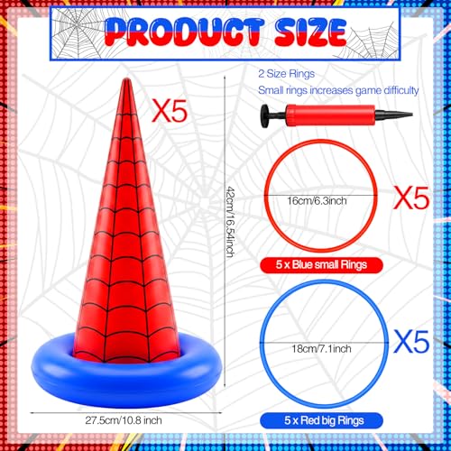 Thenshop 16 Pcs Spider Theme Inflatable Ring Toss Game Set Includes 5 Inflatable Cones 10 Plastic Rings and 1 Pump Spider Birthday Party Toss Game for Indoor Outdoor Lawn Yard Garden Party Supplies
