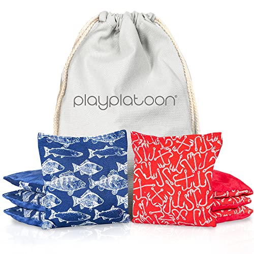 Professional Cornhole Bags - Set of 8 Regulation All Weather Double Sided - Sticky Side/Slick Side Bean Bags for Pro Corn Hole Game - color: Blue / Red Fish & Hooks