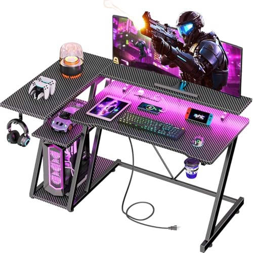 Korfile 40 Inch Gaming Desk with Power Outlet & LED Lights, L Shaped Computer Gaming Table with 3 Tiers Storage Shelves, Corner Gamer Desk with Monitor Stand for Small Space, Carbon Fiber Black - color: Carbon Fiber Black, size: 40 Inches
