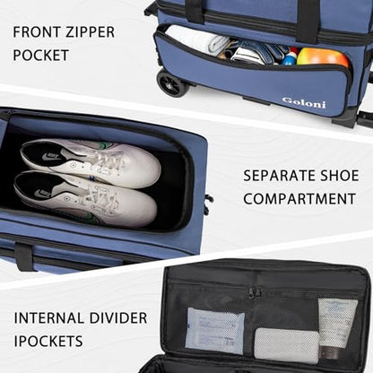 Goloni Double Roller 2 Ball Bowling Bag with Separate Shoe Compartment,2 Ball Bowling Bag with Wheels,Retractable Handle Extends to 40" - color: Blue