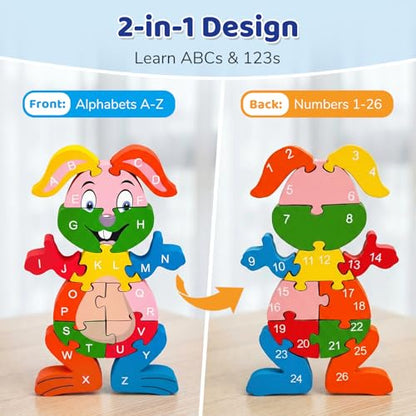 LovesTown Wooden Puzzles for Kids, Double Sided Rabbit Jigsaw with Alphabet & Numbers, Montessori Educational Toy for Toddlers, Chunky Animal Gift - size: Medium, style: Rabbit