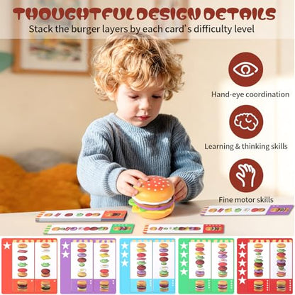 Wooden Play Food for Kids Kitchen Set with 10 Stacking Challenge Cards, 40+ Pcs Fake Fast Food Hamburger Toy with Roast Chicken & Play Money, Pretend Play Toys Birthday Gift for Toddlers Age 2-6